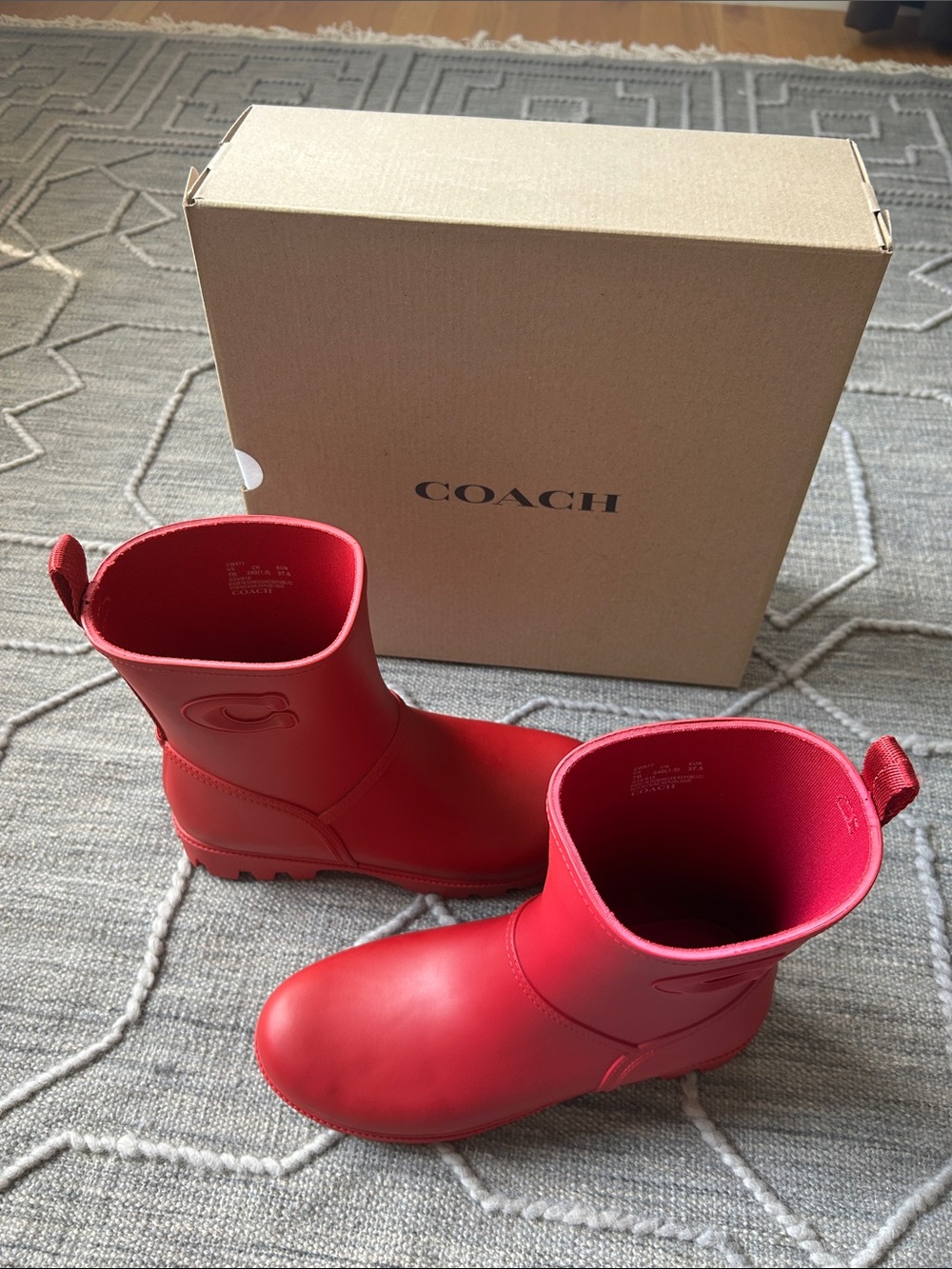 Coach Ryder Mid-Calf Ruby Red Rain Boots with Embossed C - Picture 13 of 13